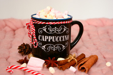 Christmas cuppuccino cup. Cup of coffee with marshmallows, staff, carnation, cinnamon on pink merino plaid. Christmas card, concept, mood.
