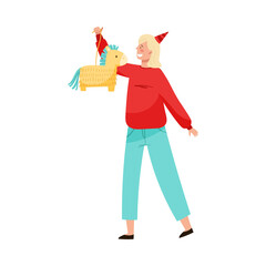 Blonde Female in Birthday Hat Hanging Pinata Toy Vector Illustration