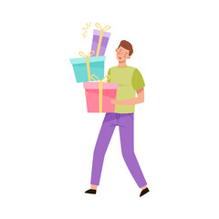 Young Man Carrying Pile of Wrapped Birthday Gift Box Vector Illustration