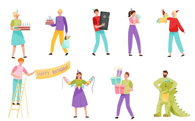 Fototapeta na wymiar People Characters Celebrating Birthday Hanging Congratulation Placard and Carrying Gift Box Vector Illustration Set