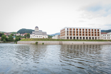 View from river Drina at town dedicated to Ivo Andric, Visegrad, Bosnia and Hercegovina, Travel destionation