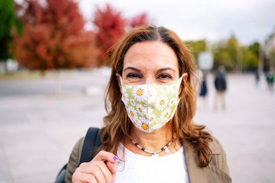 Woman Wearing A Fabric Face Mask In The City