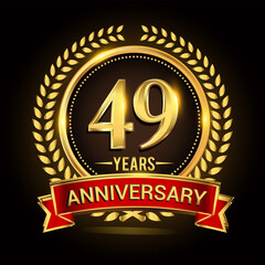 49th golden anniversary logo, with shiny ring and red ribbon, laurel wreath isolated on black background, vector design