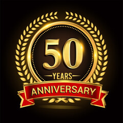 50th golden anniversary logo, with shiny ring and red ribbon, laurel wreath isolated on black background, vector design