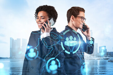 Businessman and businesswoman as a part of corporate team processing conference call to develop social media marketing strategy to achieve business goals. Hologram icons over Singapore background