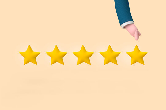 Illustration 3d  d'un bras pointant un score d'&eacute;toile. Bon score. Concept des avis client sur site commerce. Mettre une note &agrave; un produit. Avis ecommerce. score d'&eacute;toile. cinq sur cinq