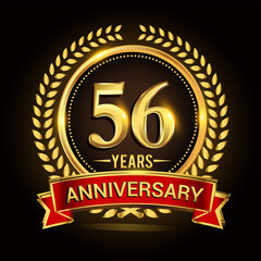 56th golden anniversary logo, with shiny ring and red ribbon, laurel wreath isolated on black background, vector design