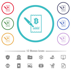 Obraz premium Signing Bitcoin cheque flat color icons in circle shape outlines