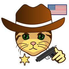 cool sheriff cat in a hat holds a gun in his hand, American flag is stuck nearby in the lawn, vector clip art on white isolated background