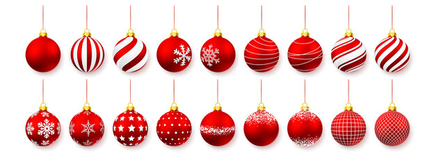 Red shiny glowing Christmas balls. Xmas glass ball. Holiday decoration template. Vector illustration