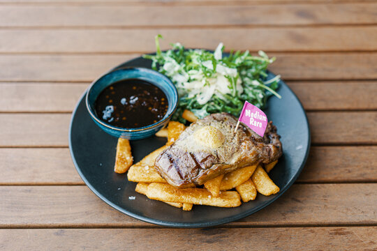 Australian Pub Steak Meal With Chips And Salad