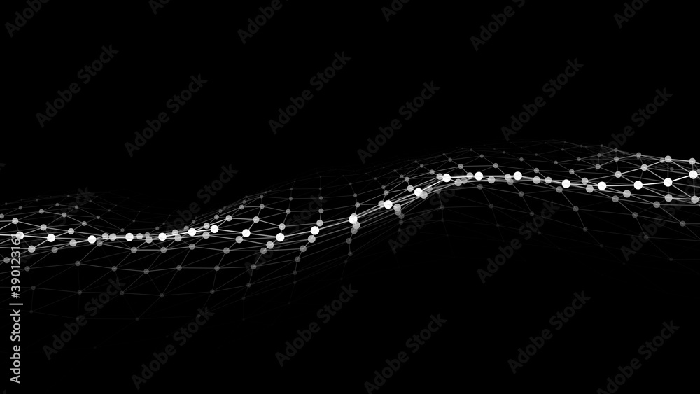 Wall mural big data stream. abstract wave with moving dots. flow of particles. vector cyber technology illustra