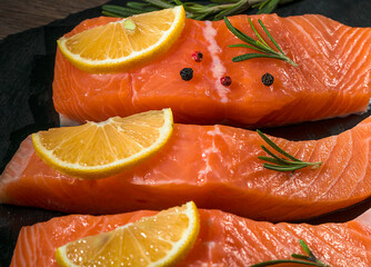 fresh trout fillet, Close up raw and fresh salmon. Fresh raw fish fillet with cooking ingredients,...