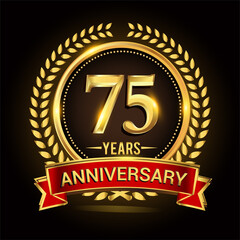 75th golden anniversary logo, with shiny ring and red ribbon, laurel wreath isolated on black background, vector design