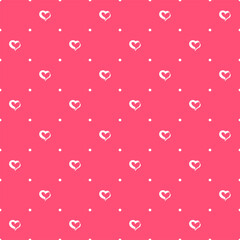 Seamless pattern with white hand drawn hearts on pink background.