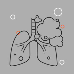 Human lungs surrounded by smoke. Cigarette smoking concept. Outline thin line flat illustration. Isolated.