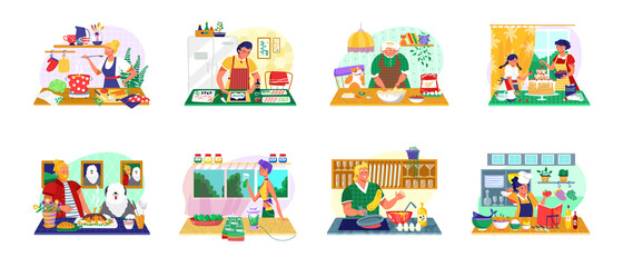 People cooking food vector illustration set. Cartoon flat man woman hungry characters cook healthy meal in home kitchen interior, family doing homework together, fun cooking activity isolated on white