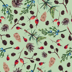 Watercolor hand painted seamless pattern with rose hip, cones and branches of pine tree,  juniper and alder on green background. Floral pattern with atmosphere of winter forest.