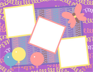 Fototapeta na wymiar Design template for cute invitation card. Template for scrapbooking with hand drawn doodle patterns. For birthday, anniversary, party invitations. Vector
