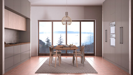 Cosy dove gray and wooden kitchen with dining table and chairs, carpet and pendant lamp, panoramic windows, sea ocean panorama, terracotta tile floors, contemporary interior design