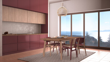 Cosy dove red and wooden kitchen with dining table and chairs, carpet and pendant lamp, panoramic windows, sea ocean panorama, terracotta tile floors, contemporary interior design