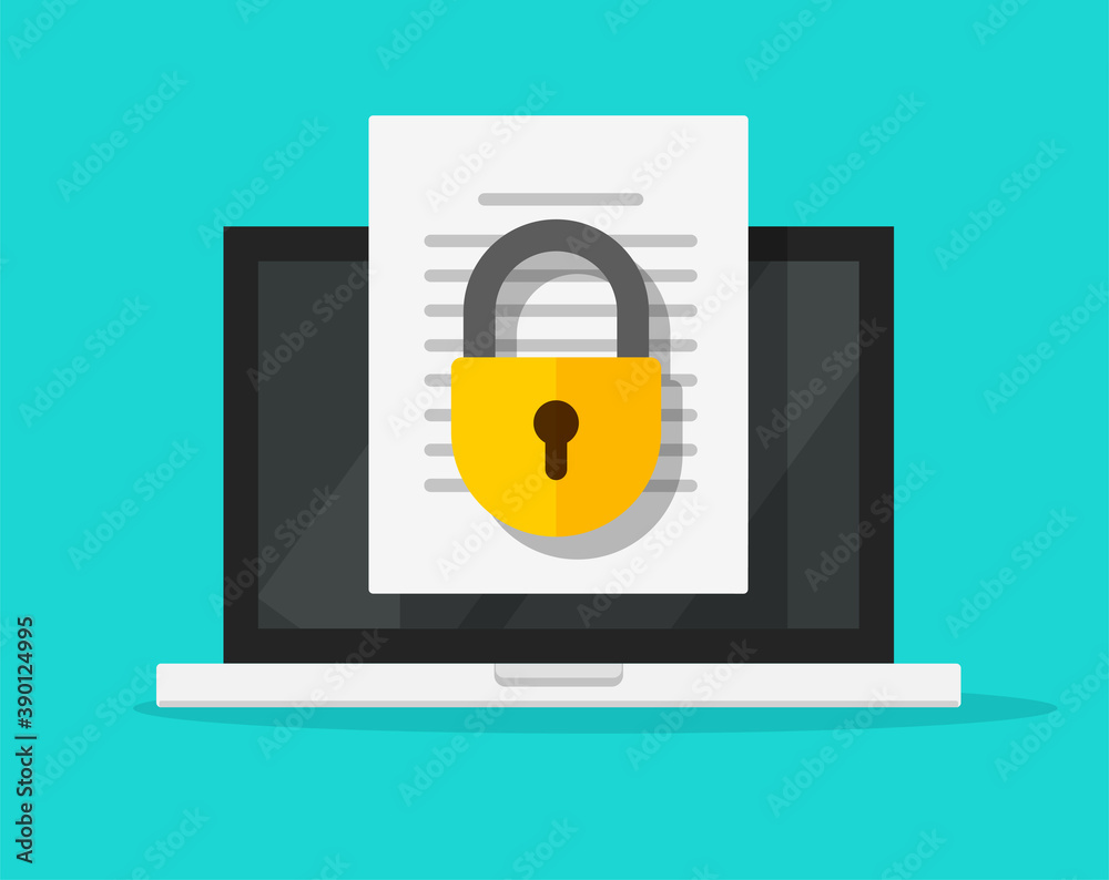 Poster secure confidential document online access with private lock on laptop computer text file vector fla