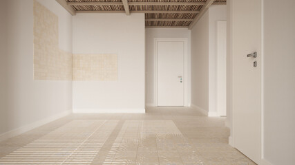 Empty room interior design, open space with white walls and ceramic tiles floor, wooden bamboo ceiling, modern contemporary architecture, morning light, mock-up with copy space