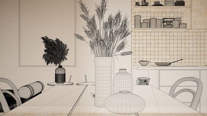 Empty white interior with ceramic tiles floor, custom architecture design project, black ink sketch, blueprint showing dining room and kitchen, table, vases, chairs, interior design