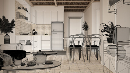 Empty white interior with ceramic tiles floor, custom architecture design project, black ink sketch, blueprint showing kitchen and living room with dining table, sofa, interior design