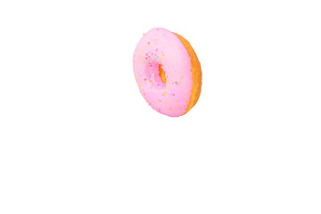 Pink frosted donut with colorful sprinkles isolated on white background with clipping