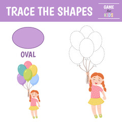 Learn geometric shapes  - oval. Preschool worksheet for practicing motor skills. balloons of geometric shapes. Tracing dashed lines. Vector illustration
