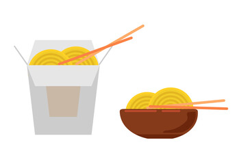 Chinese flat noodles, takeaway noodles with vegetables and fried pork. In a box and in a bowl
