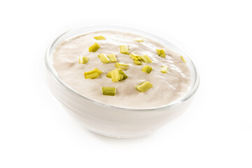 Sour cream in bowl isolated on white background