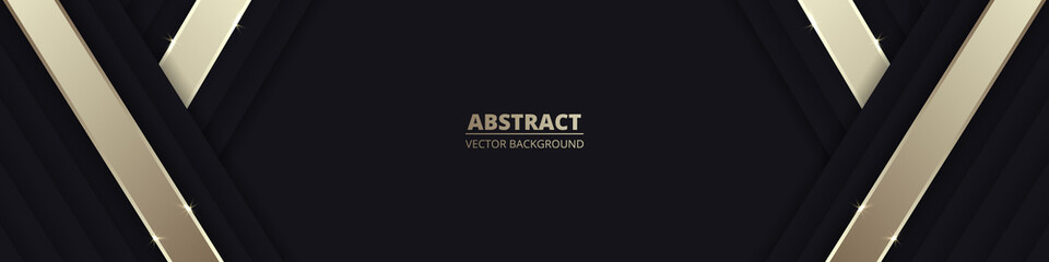 Black wide luxury abstract background with golden lines and shadows. Modern dark wide banner with golden luminous lines. Futuristic abstract backdrop. Vector illustration EPS 10.