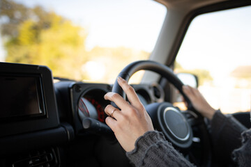 自動車を運転する女性の手