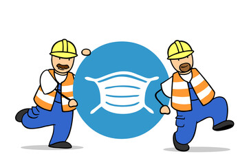 Arbeiter tragen Schild zu Maskenpflicht wegen Covid-19