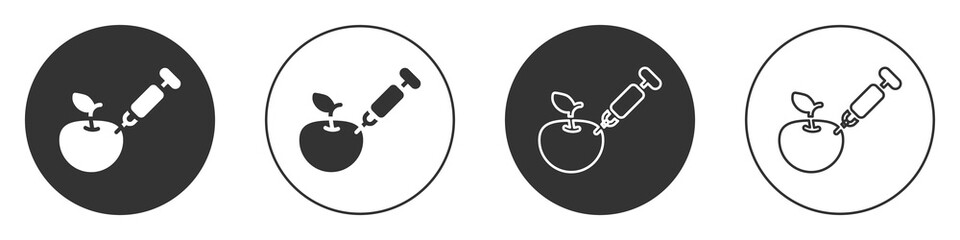 Black Genetically modified apple icon isolated on white background. GMO fruit. Syringe being injected to apple. Circle button. Vector.
