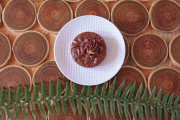 chocolate dessert with filling of caramel, nuts and nougats. The cake is covered with chocolate on a wooded background with a morning natural light