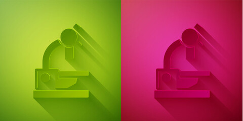 Paper cut Microscope icon isolated on green and pink background. Chemistry, pharmaceutical instrument, microbiology magnifying tool. Paper art style. Vector.