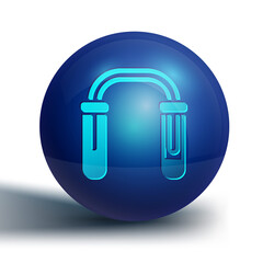 Blue Test tube and flask - chemical laboratory test icon isolated on white background. Fluid transfer system. Laboratory glassware sign. Blue circle button. Vector.