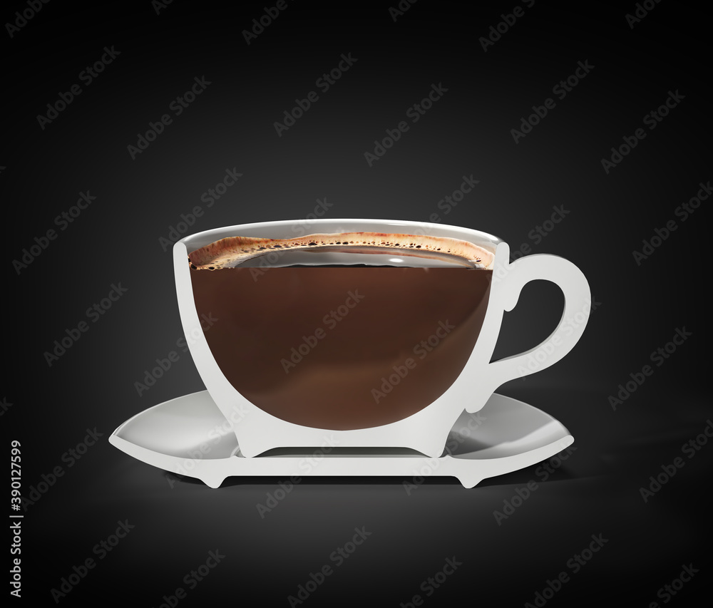 Sticker Half a cup of americano. Vertical cut of cup with americano. 3d illustration