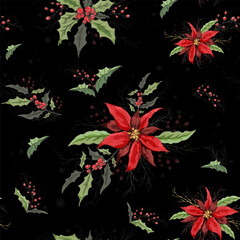 Seamless floral winter pattern. realistic holiday flowers from poinsettia, Holly. modern hand-drawn Wallpaper in the style of realism. illustration for Wallpaper, paper, printing. vintage style
