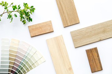 Interior design selection of material samples with color scheme. Top view