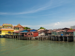 George Town, Penang Island, Malaysia [ Jetty pier in waterfront wharf, life in street houses and buddhist taoist temple, ]