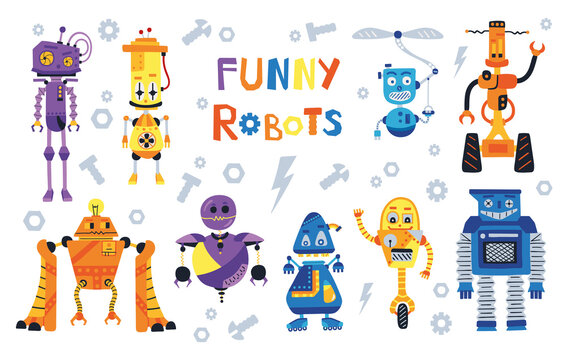 Set of cute robots in cartoon style. Chatbot icon collection. Illustration with robot toys collection. Vector