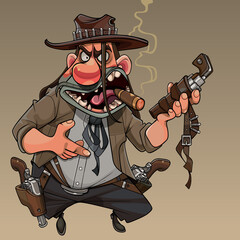cartoon cool man cowboy with revolvers and cigar in his mouth