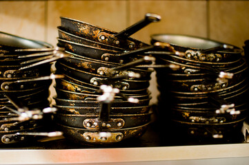 Pots and pans. Restaurant kitchen utensils.