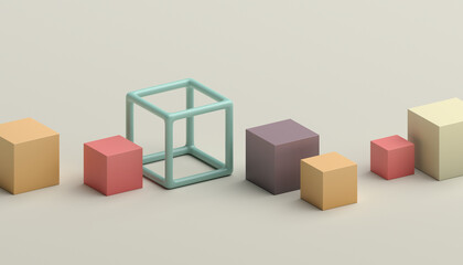 Abstract 3d render, geometric composition, background design with multicolored cubes