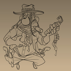 cartoon sketch of a tough male cowboy with revolvers and a cigar in his mouth