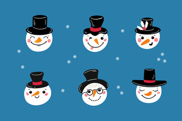 Cute Snowman Faces Vector Set. Cartoon Funny Doodle Snowman Heads Collection. Winter Holidays, Christmas and New Year Design